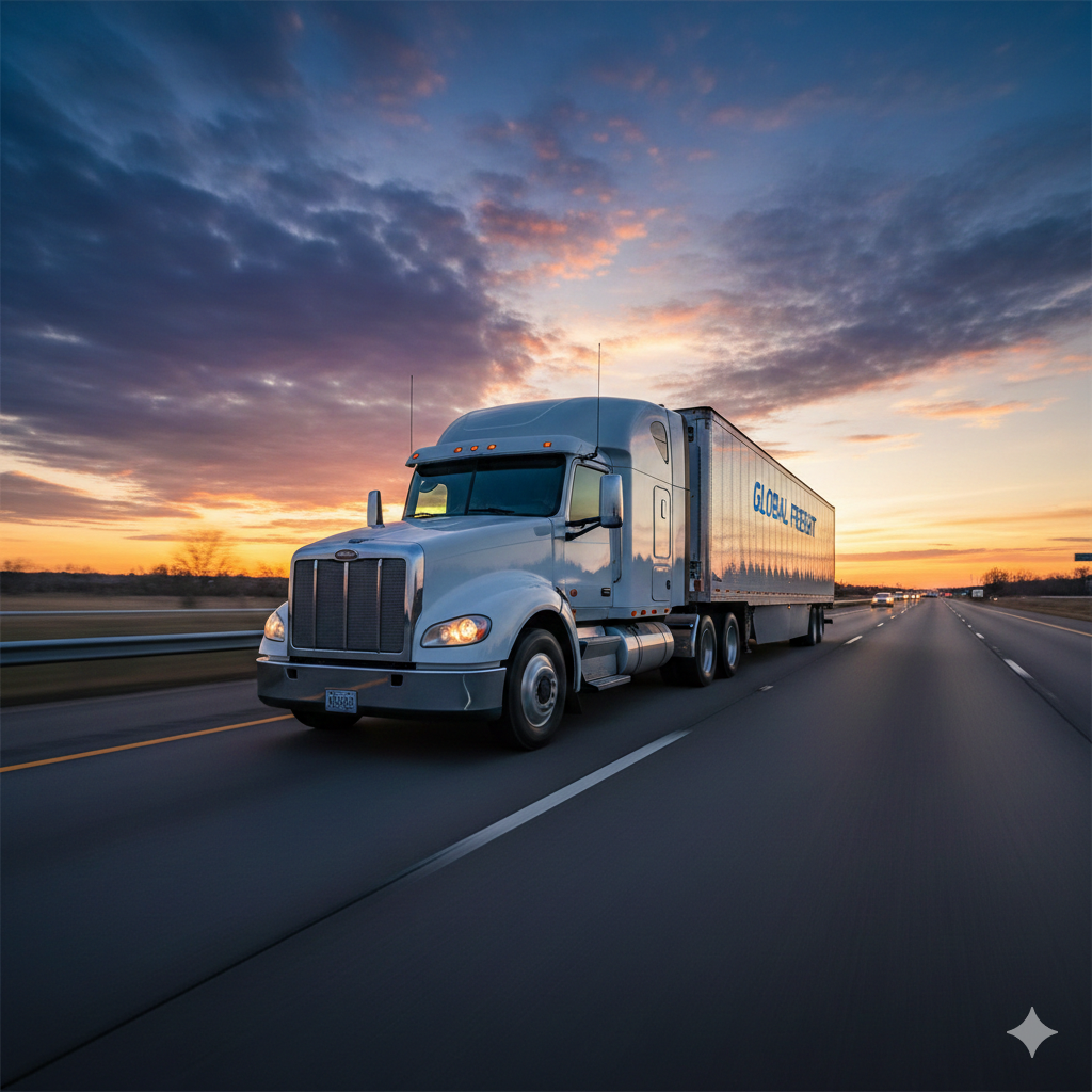 Semi-truck en carretera al atardecer